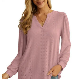 JWD Women’s Casual V neck Shirt W/bubble Sleeve/Cuff•Pointelle Design•Dark Pink